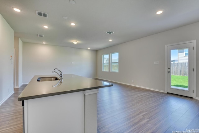 kitchen with an island with sink, sink, and light hardwood / wood-style flooring