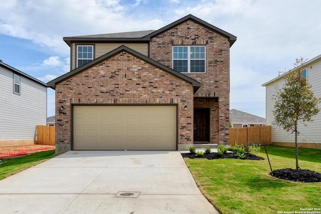 front facade with a garage and a front lawn