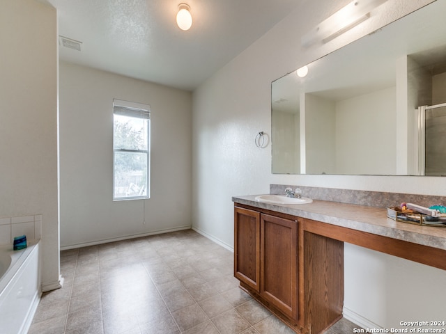 bathroom featuring vanity and a washtub