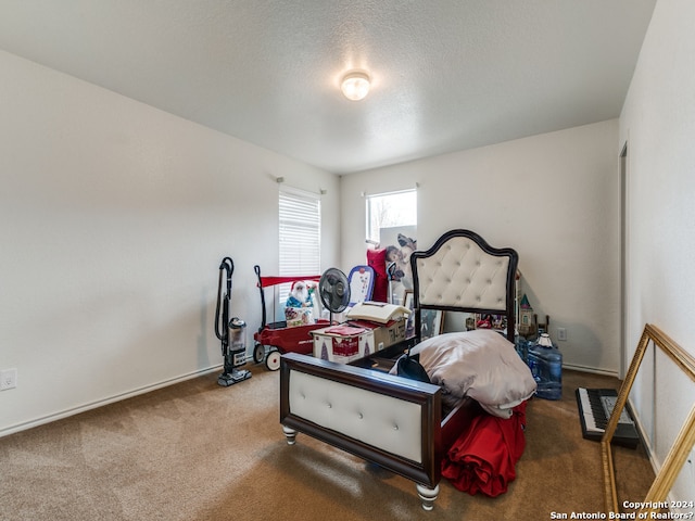 bedroom featuring carpet floors and a textured ceiling