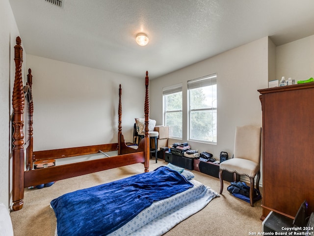 bedroom with a textured ceiling and carpet floors