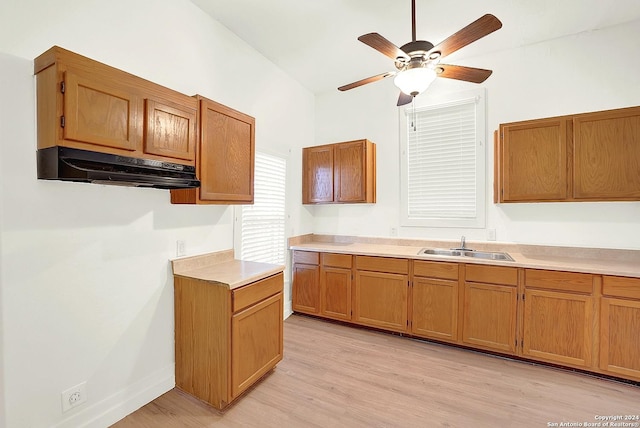 kitchen with ceiling fan, light hardwood / wood-style floors, and sink