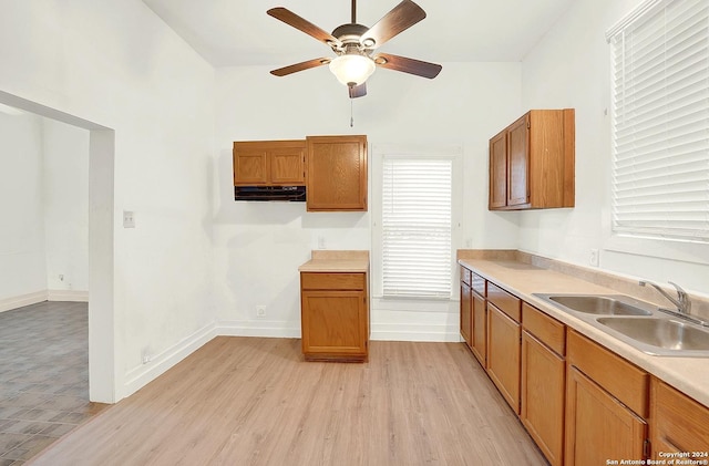 kitchen featuring ceiling fan, sink, exhaust hood, and light wood-type flooring