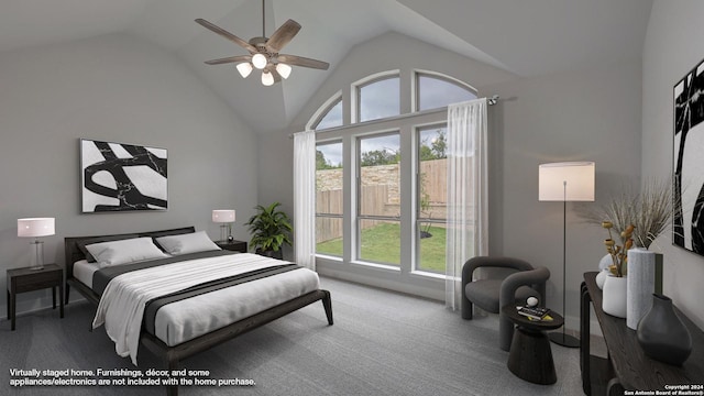 bedroom featuring ceiling fan, carpet floors, and high vaulted ceiling