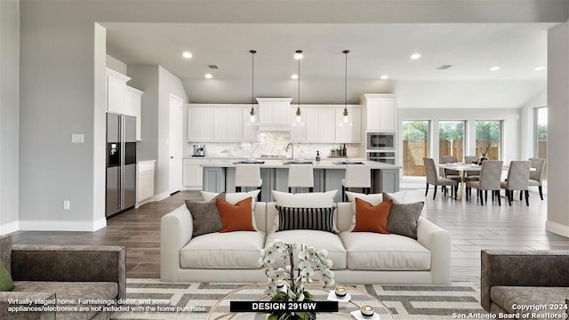 living room with dark hardwood / wood-style floors