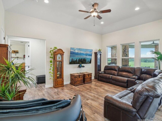 7803 US Highway 181, Falls City, TX 78113 - living area featuring a ceiling fan, wood finished floors, recessed lighting, and baseboards
