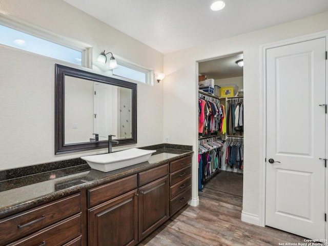 7803 US Highway 181, Falls City, TX 78113 - bathroom featuring wood finished floors, vanity, and a walk in closet