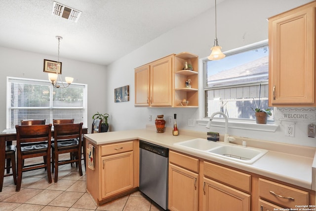 kitchen with pendant lighting, an inviting chandelier, stainless steel dishwasher, and sink