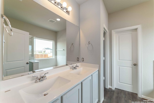 bathroom with hardwood / wood-style flooring and vanity