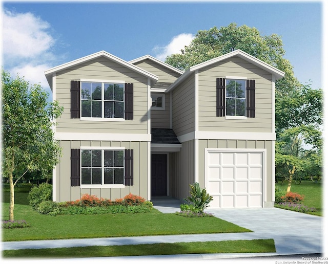 view of front of property with a garage and a front lawn