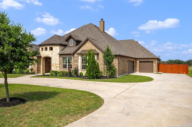 french country inspired facade featuring a garage and a front lawn