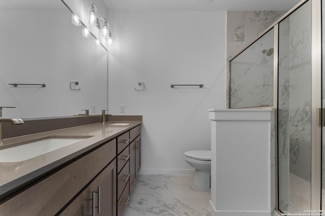 bathroom with toilet, an enclosed shower, and vanity