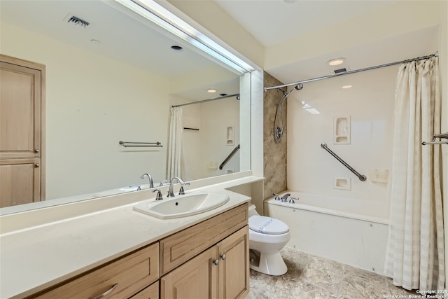 full bathroom with shower / tub combo, vanity, and toilet