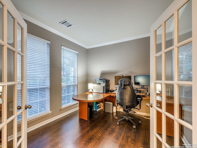 home office with french doors, dark hardwood / wood-style floors, and crown molding