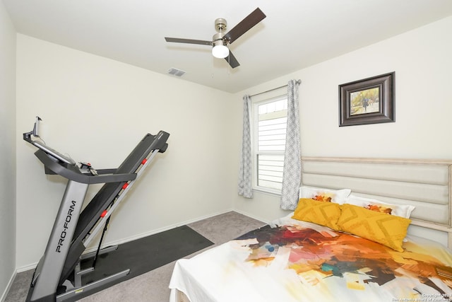 carpeted bedroom featuring ceiling fan