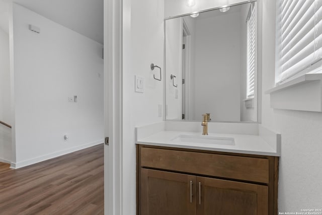 bathroom with wood-type flooring and vanity