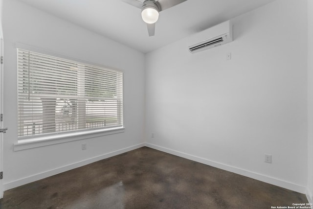 unfurnished room featuring ceiling fan and a wall mounted air conditioner