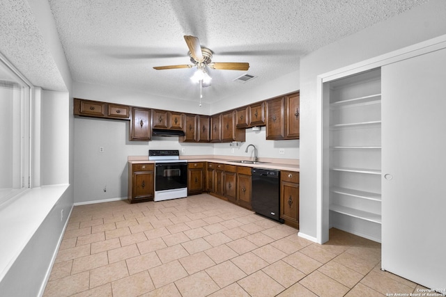 kitchen with electric range, black dishwasher, and a textured ceiling