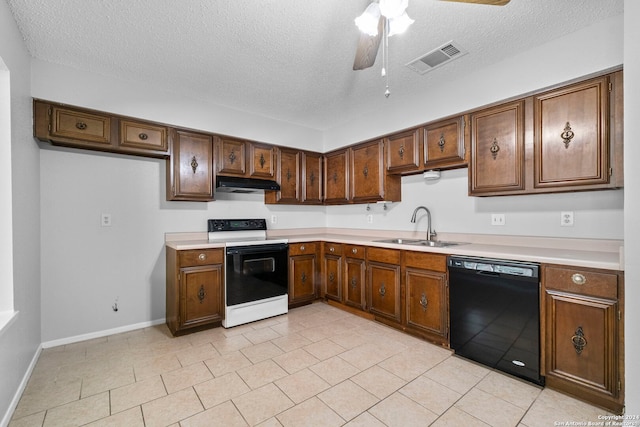 kitchen with a textured ceiling, ceiling fan, sink, white electric stove, and black dishwasher