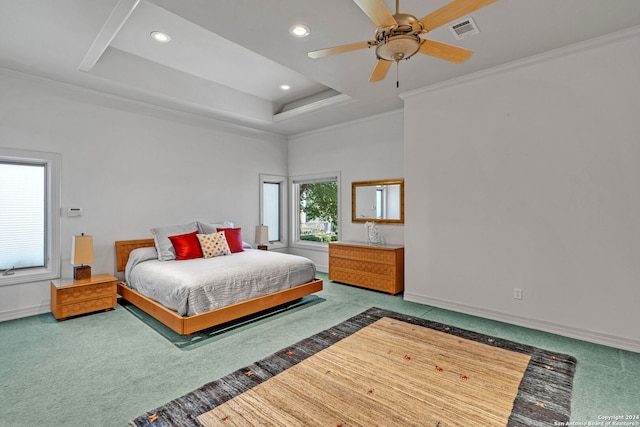 carpeted bedroom featuring a raised ceiling, ceiling fan, and crown molding