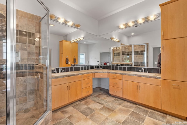 bathroom featuring vanity and a shower with door