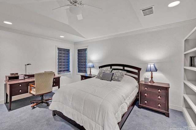 carpeted bedroom featuring ceiling fan, lofted ceiling, and ornamental molding