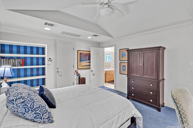 carpeted bedroom featuring ceiling fan, ornamental molding, ensuite bathroom, and vaulted ceiling