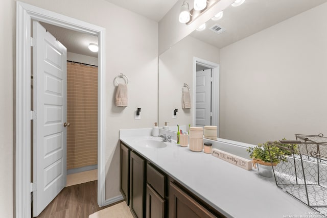 bathroom with vanity and hardwood / wood-style floors