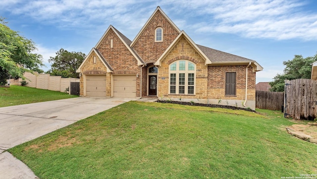 view of front facade with a front yard and a garage