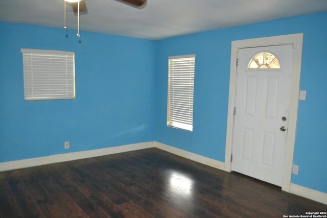 foyer featuring dark hardwood / wood-style flooring and ceiling fan