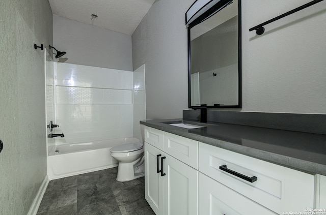 full bathroom featuring toilet, bathtub / shower combination, tile flooring, vanity, and a textured ceiling