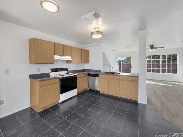 kitchen with ceiling fan, sink, dark tile patterned flooring, white electric stove, and dishwasher