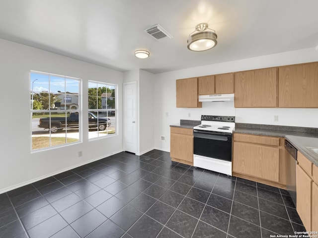 kitchen featuring electric stove, dark tile patterned floors, and stainless steel dishwasher