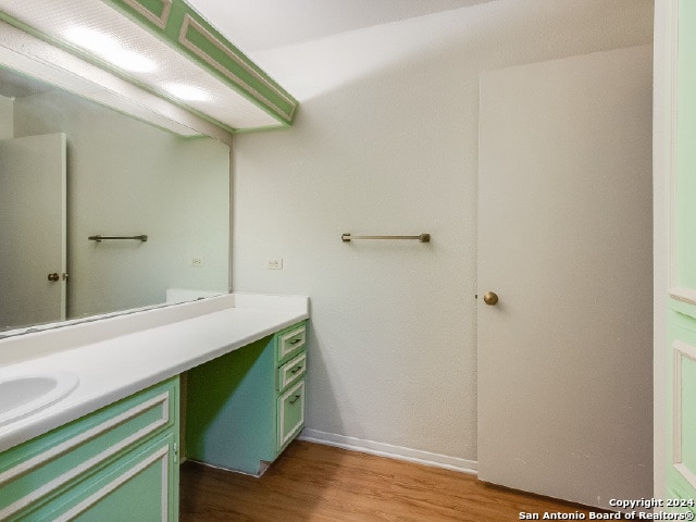 bathroom with vanity and wood-type flooring