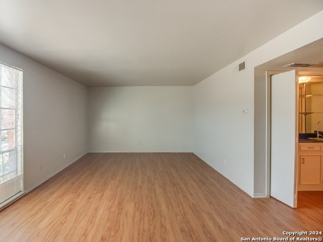 spare room with a healthy amount of sunlight, sink, and light hardwood / wood-style flooring