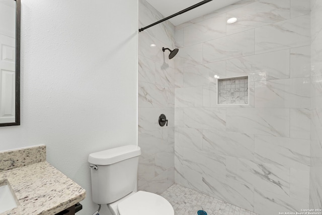 bathroom with toilet, vanity, and tiled shower