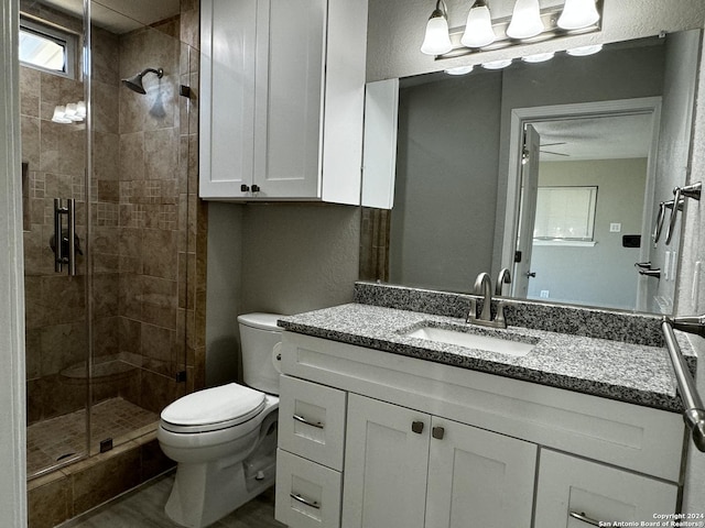 bathroom featuring vanity, toilet, and a shower with door