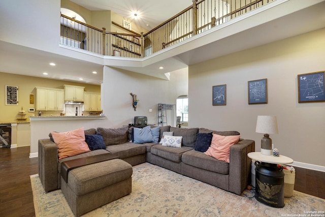 living room featuring a high ceiling and hardwood / wood-style flooring