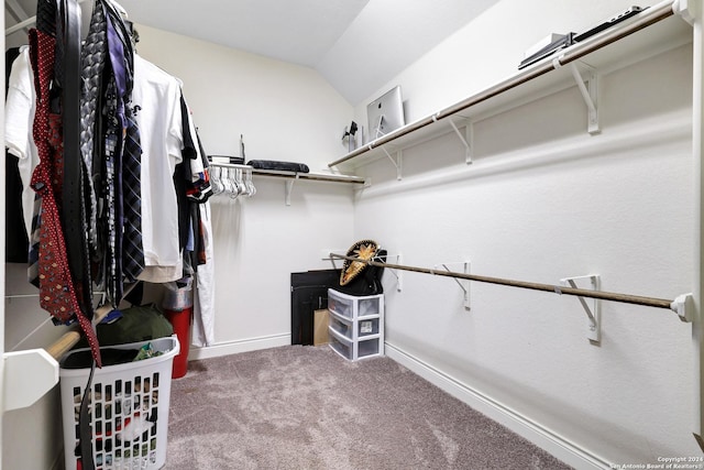 spacious closet with carpet floors and vaulted ceiling