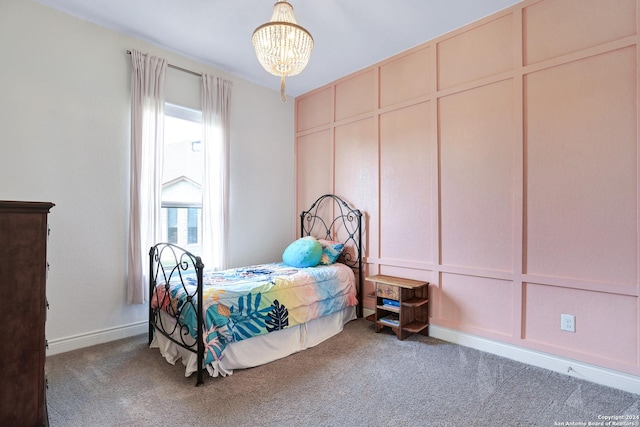 carpeted bedroom with a notable chandelier and multiple windows