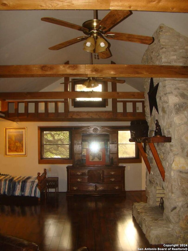 living room with wood-type flooring, vaulted ceiling with beams, and ceiling fan