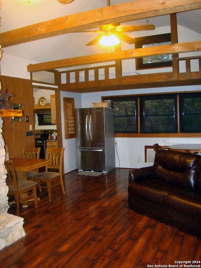 living room featuring hardwood / wood-style floors, ceiling fan, and beam ceiling