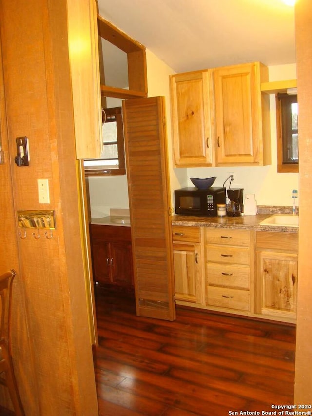 kitchen with dark hardwood / wood-style floors, sink, and light stone counters