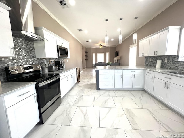 kitchen with white cabinetry, wall chimney range hood, kitchen peninsula, decorative backsplash, and appliances with stainless steel finishes