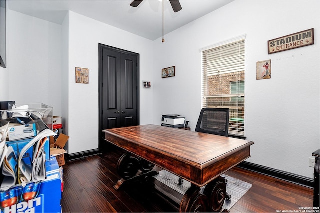 home office featuring ceiling fan and dark hardwood / wood-style floors