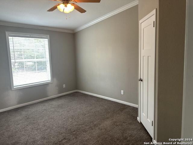 carpeted empty room with ceiling fan and crown molding