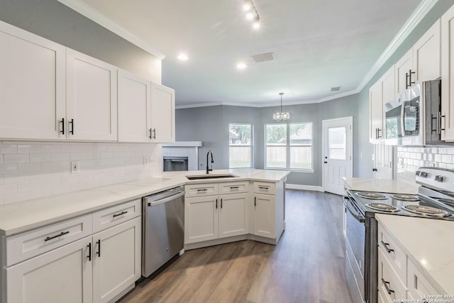 kitchen with appliances with stainless steel finishes, decorative backsplash, white cabinetry, and sink