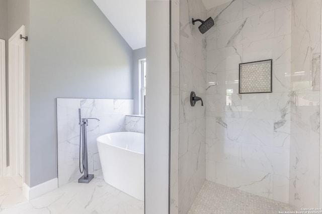 bathroom with vaulted ceiling and plus walk in shower