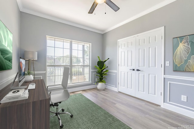 office with ceiling fan, light wood-type flooring, and crown molding