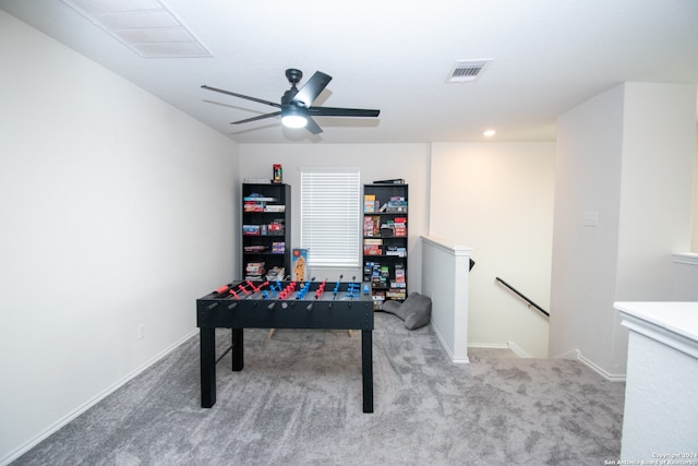 game room featuring ceiling fan and carpet floors